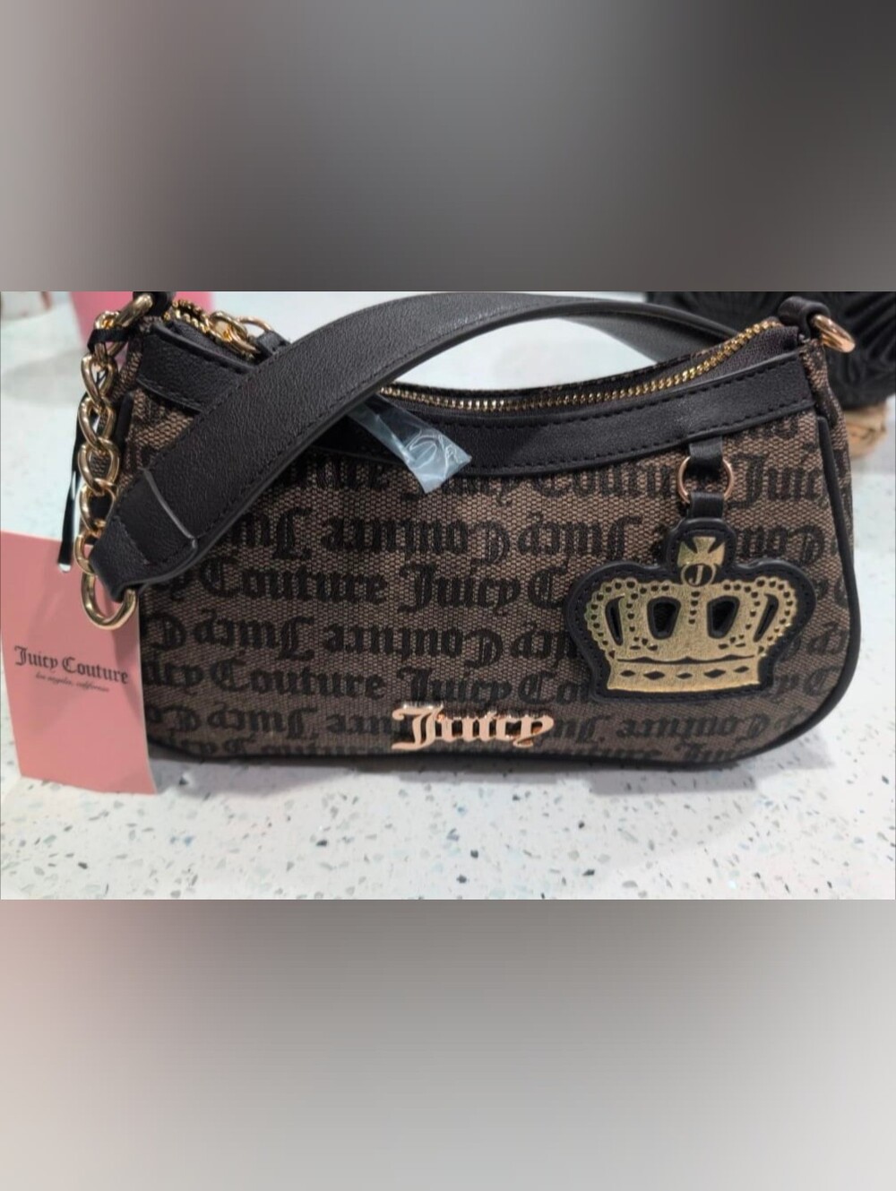 Juicy Couture Brown Monogram Shoulder Bag with Gold Crown Charm